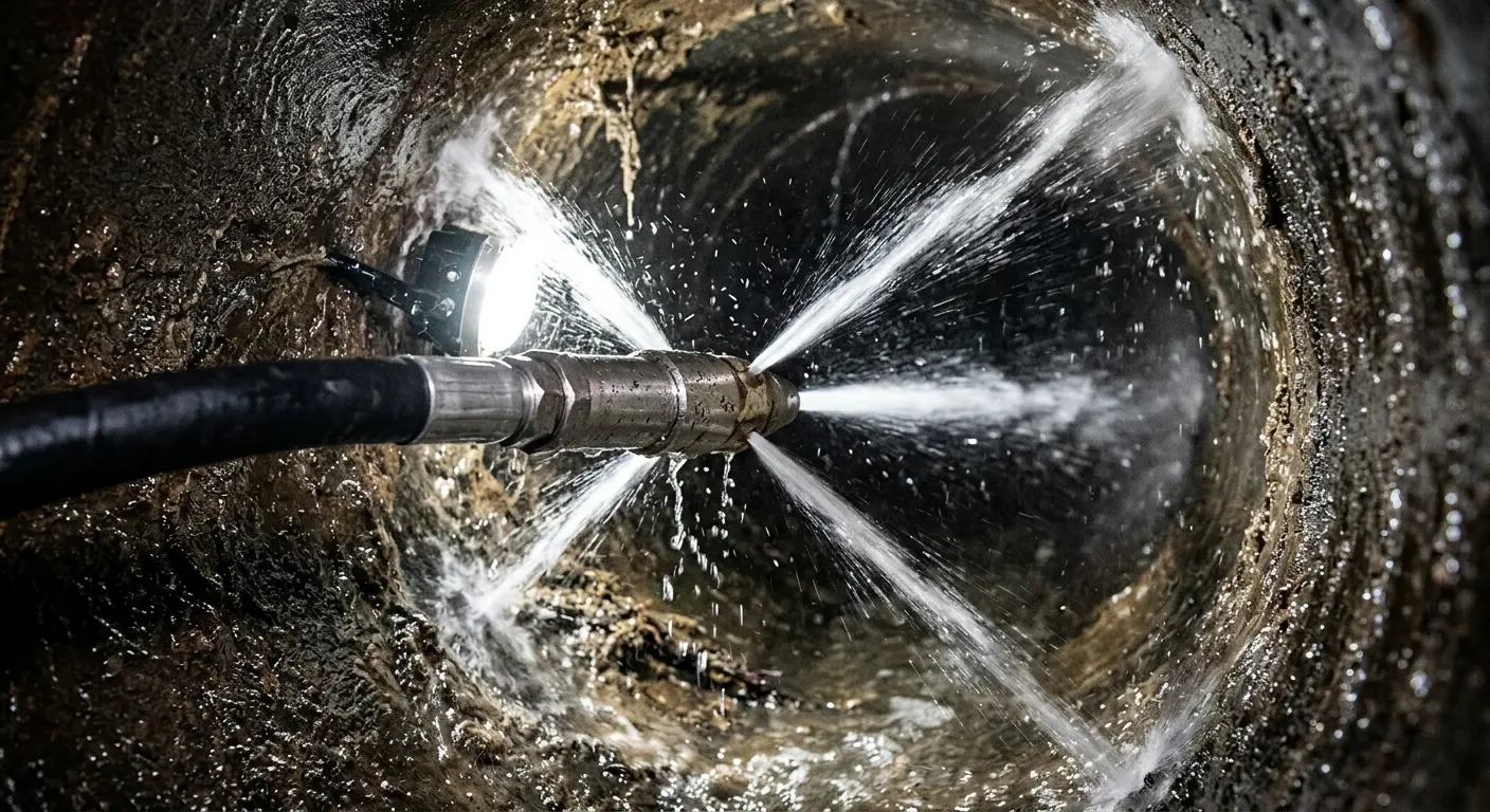 High-pressure hydro jetting nozzle cleaning sewer pipe for Emergency Drain Service in Rogersville