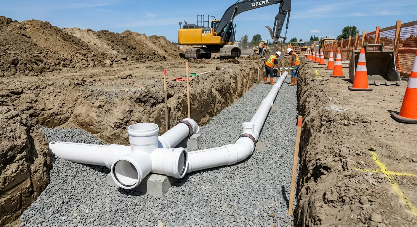 New PVC sewer pipe installation in open trench for Commercial Drain Cleaning in Rogersville